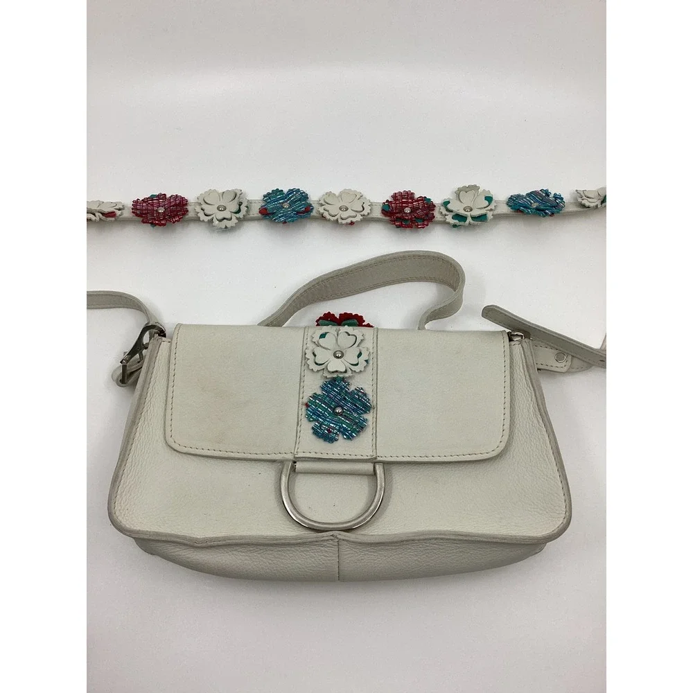 SAS Portrait Collection‎ White Leather Floral Applique Shoulder Bag Made in USA